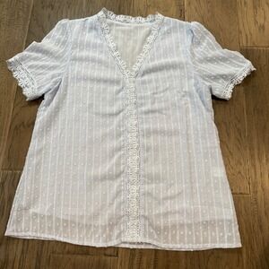 Womens Blue Swiss Dot Blouse Crochet Trim‎ V Neck Short Sleeve Top Size M